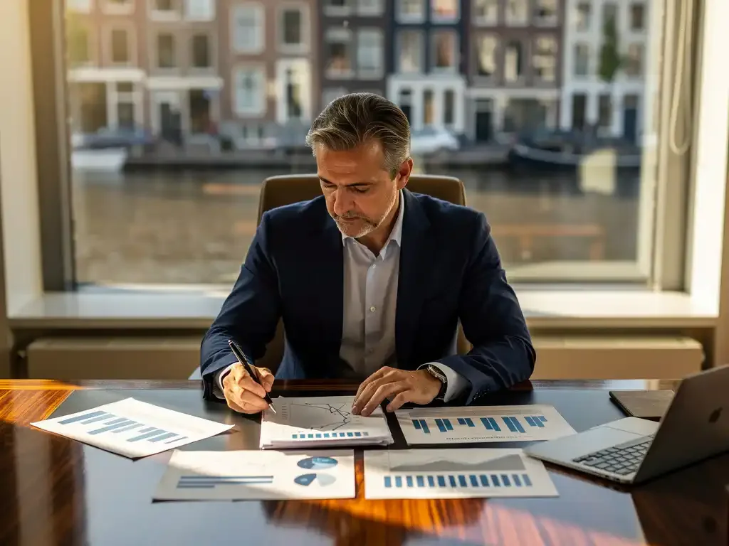 Investment professional beoordeelt fondsrapportages en grafieken aan een werktafel