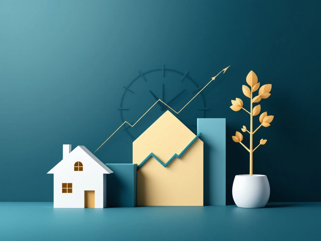 Verschillende investeringsvormen gerangschikt in oplopende groei met geometrische vormen: goudstaaf, huis, stijgende beursgrafieken en boom tegen blauwe achtergrond.