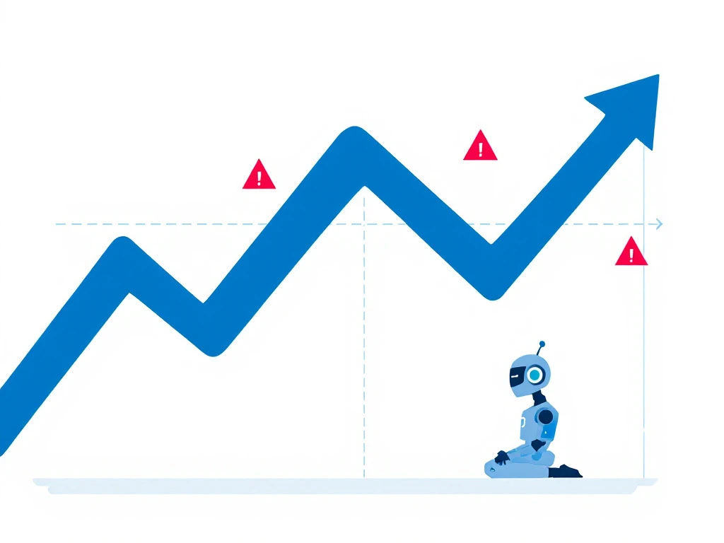 Minimalistische handelsgrafiek die overgaat van stabiel naar volatiel, met rode risicodriehoeken, een robot-icoon en ondernemerssilhouet op een financieel dashboard.