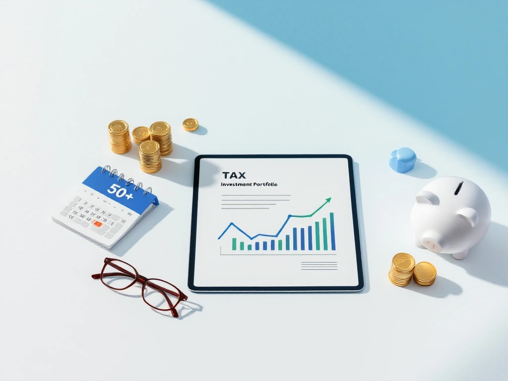 Modern bureau met belastingformulier en beleggingsportefeuille op tablet, stijgende grafiek, gouden munten, "50+" kalender en leesbril voor pensioenplanning.