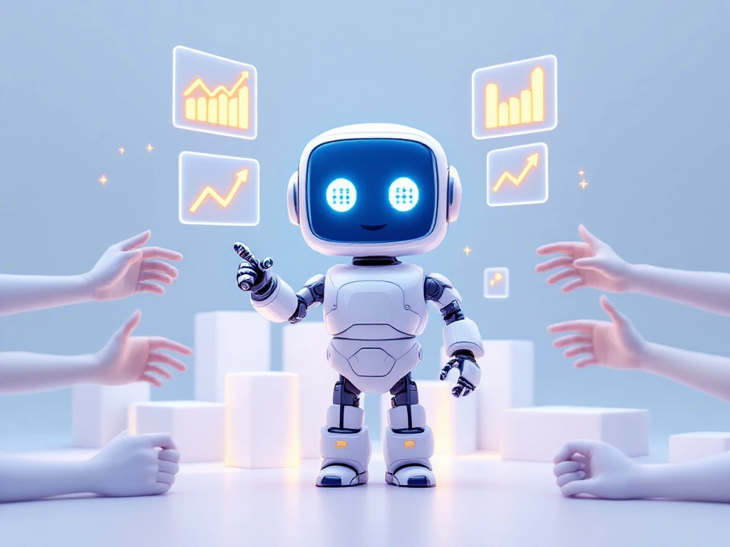Schattige 3D robot wijst naar stijgende financiële grafieken terwijl handen reiken naar crowdfunding mogelijkheden