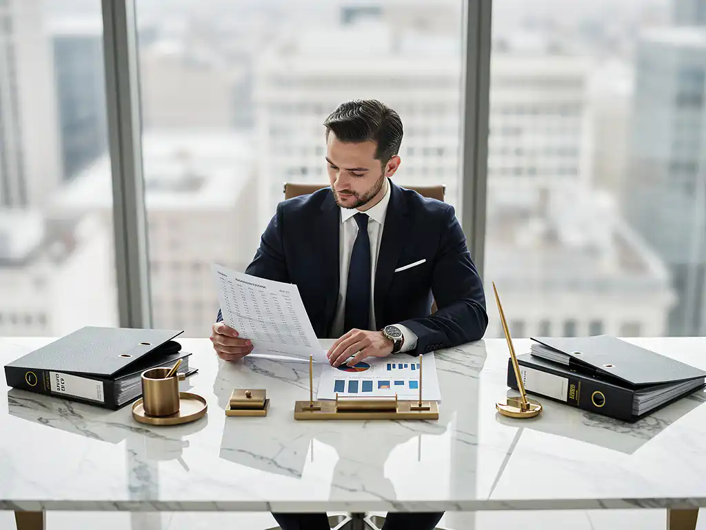 Europese investeerder bestudeert financiële documenten op wit marmeren bureau in modern kantoor met grote ramen
