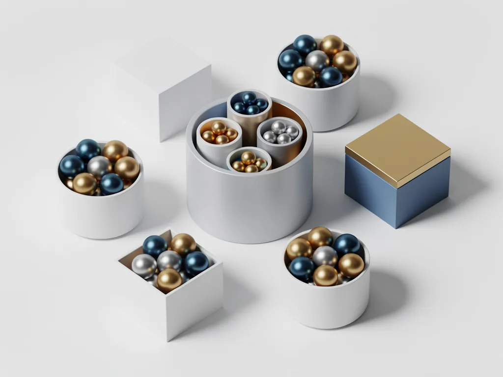 Geometrische containers met gekleurde bollen die beleggingsactiva voorstellen, centrale container bevat kleinere containers voor fund-of-funds concept